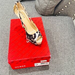 GUESS Women's Leopard Print Peep-Toe Slingback Heels